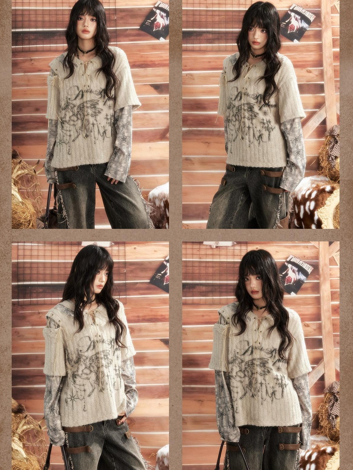 ALL iN plan Round Neck Solid Faux Layered Loose Long Sleeve Women&