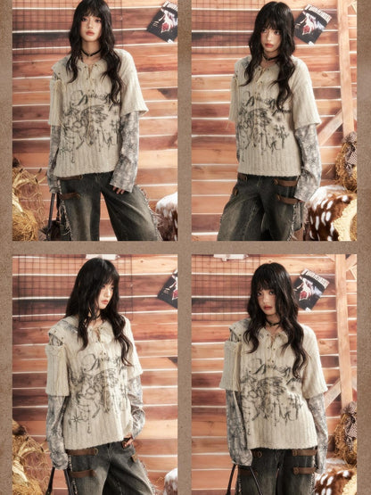 ALL iN plan Round Neck Solid Faux Layered Loose Long Sleeve Women&