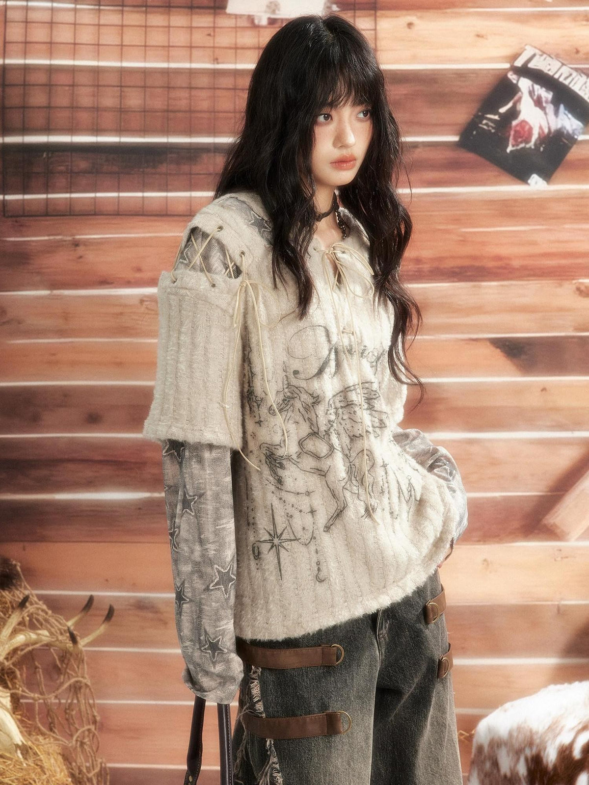 ALL iN plan Round Neck Solid Faux Layered Loose Long Sleeve Women&