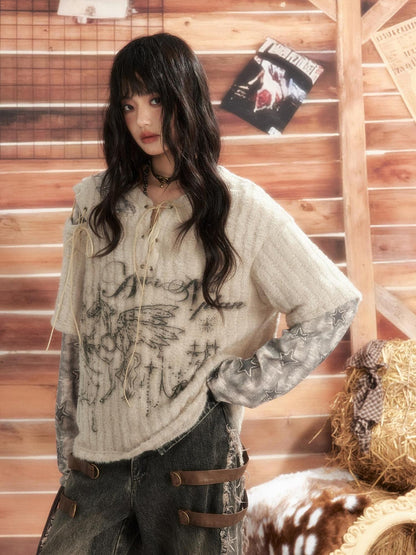 ALL iN plan Round Neck Solid Faux Layered Loose Long Sleeve Women&