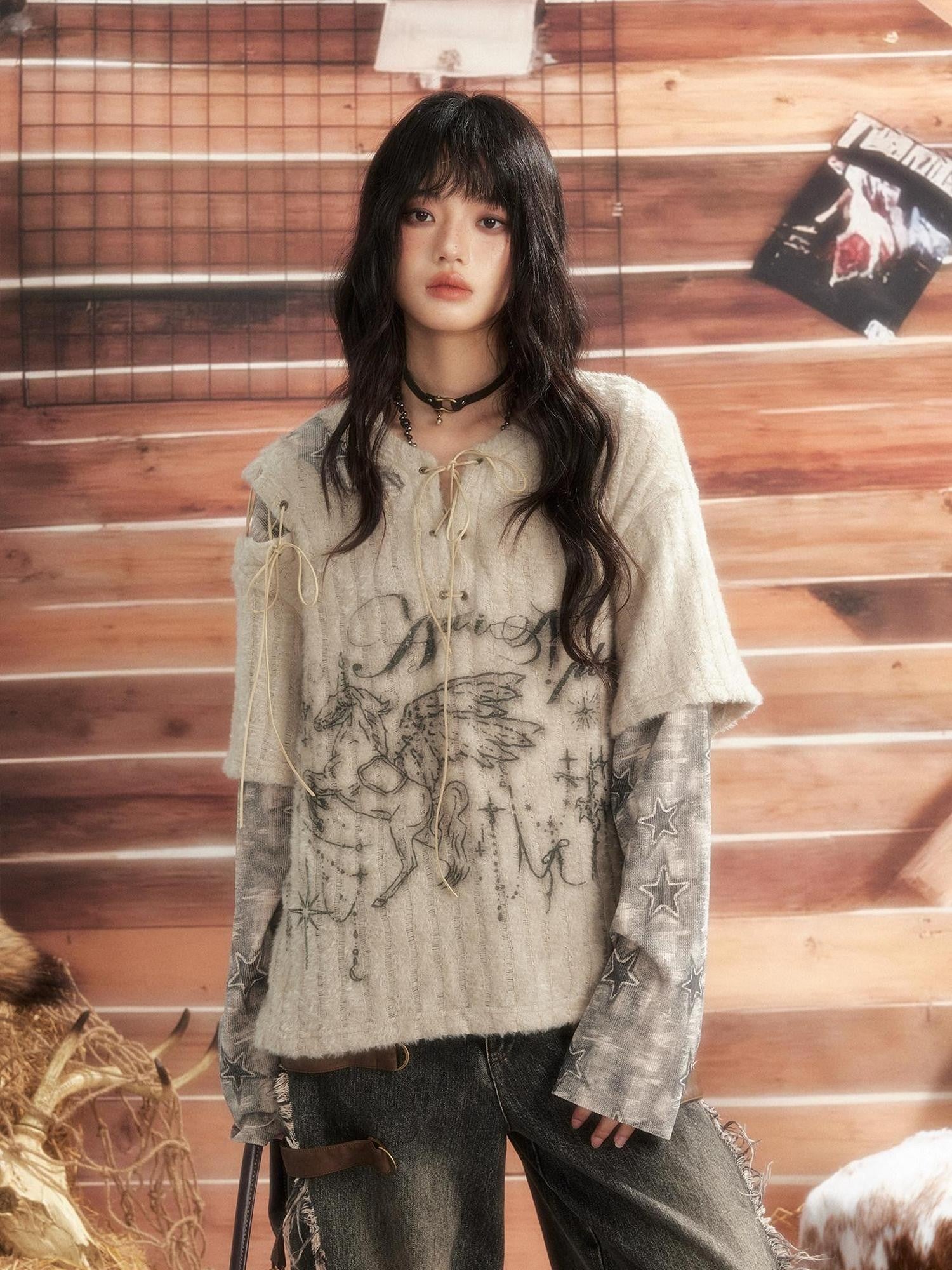 ALL iN plan Round Neck Solid Faux Layered Loose Long Sleeve Women&