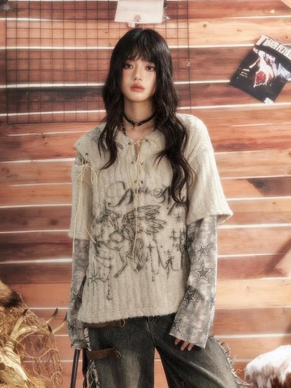 ALL iN plan Round Neck Solid Faux Layered Loose Long Sleeve Women&