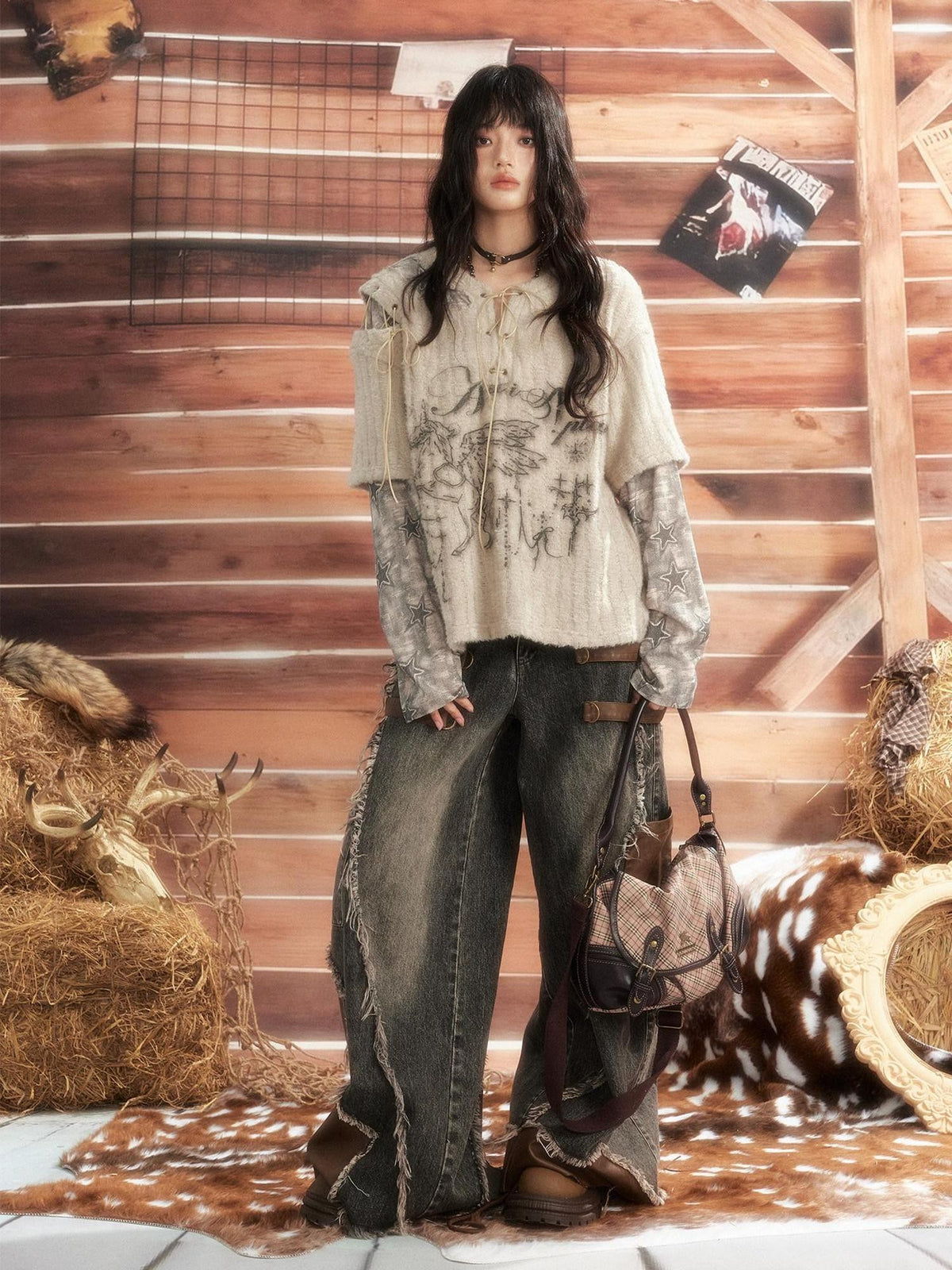 ALL iN plan Round Neck Solid Faux Layered Loose Long Sleeve Women&