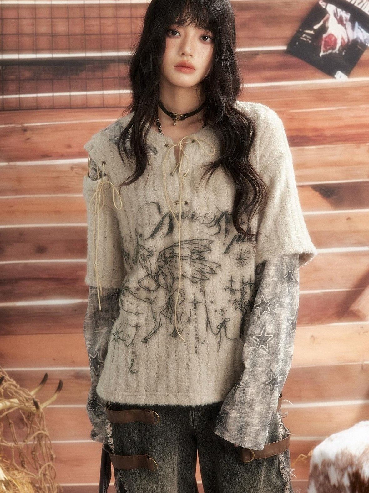ALL iN plan Round Neck Solid Faux Layered Loose Long Sleeve Women&