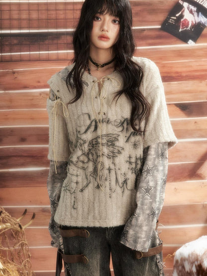 ALL iN plan Round Neck Solid Faux Layered Loose Long Sleeve Women&