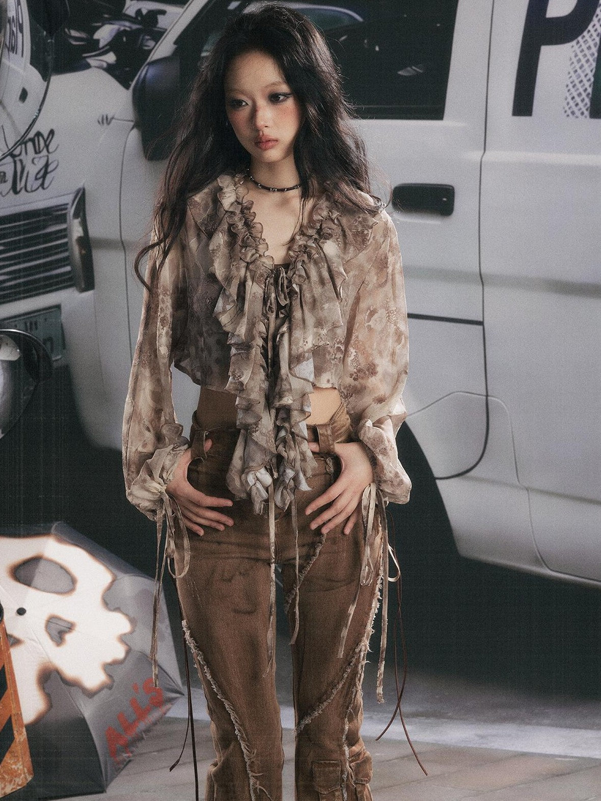 ALL iN plan Ruffle V-neck Printed Cropped Long Sleeve Women&