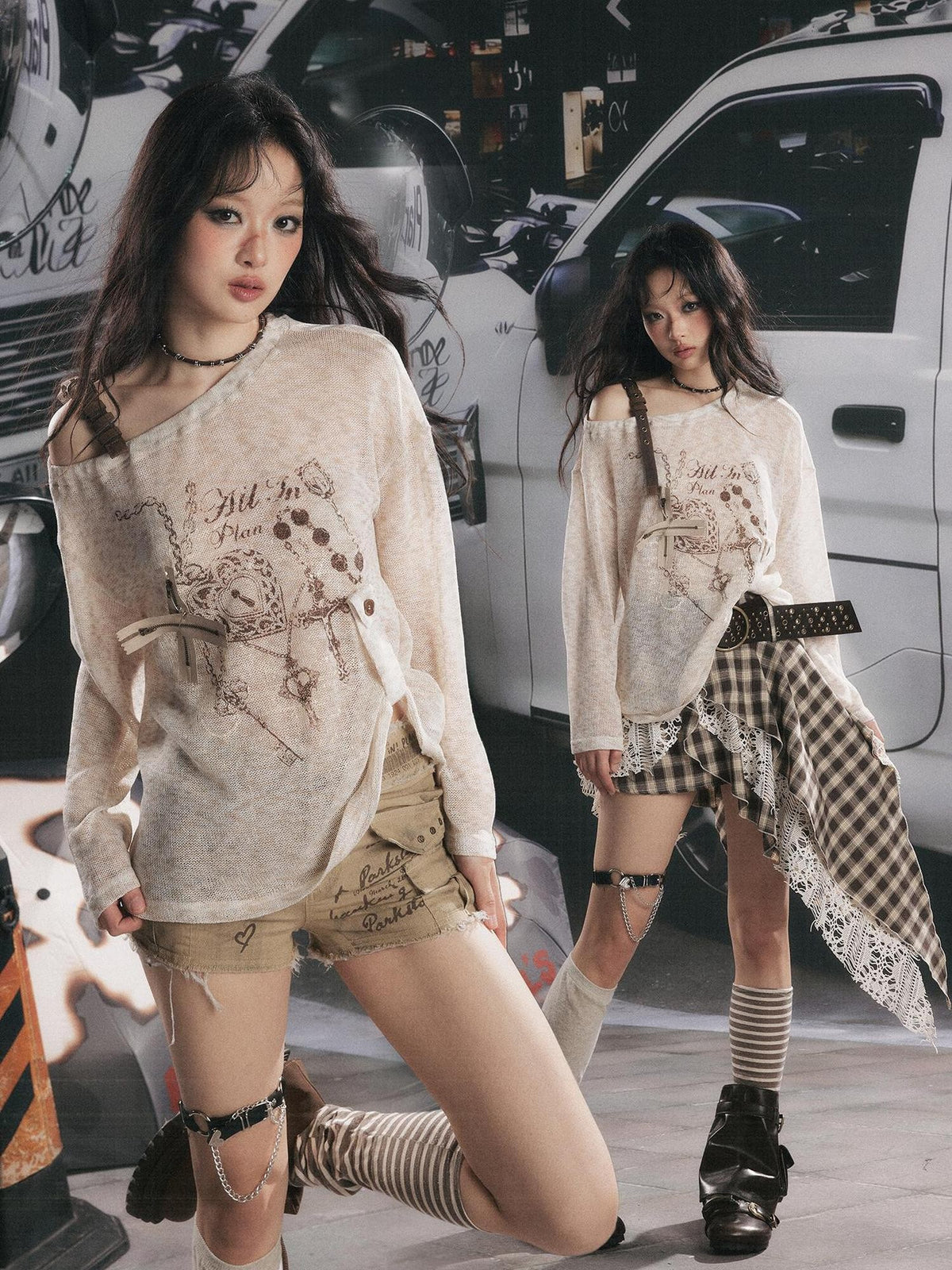 ALL iN plan Semi Sheer Asymmetric Shoulder Oversized Women&