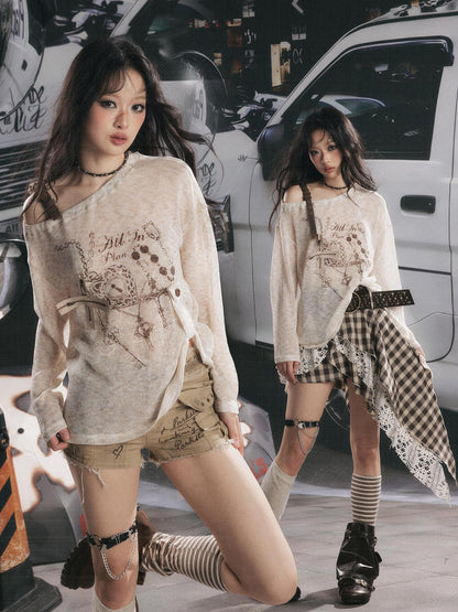 ALL iN plan Semi Sheer Asymmetric Shoulder Oversized Women&