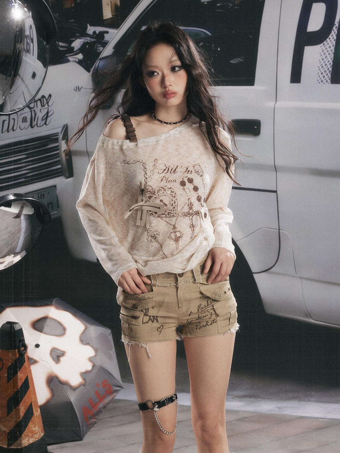 ALL iN plan Semi Sheer Asymmetric Shoulder Oversized Women&