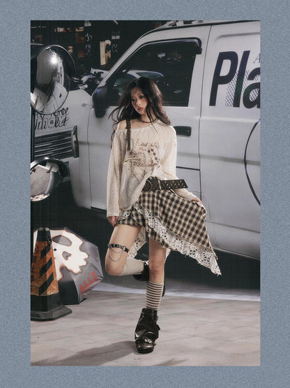 ALL iN plan Semi Sheer Asymmetric Shoulder Oversized Women&