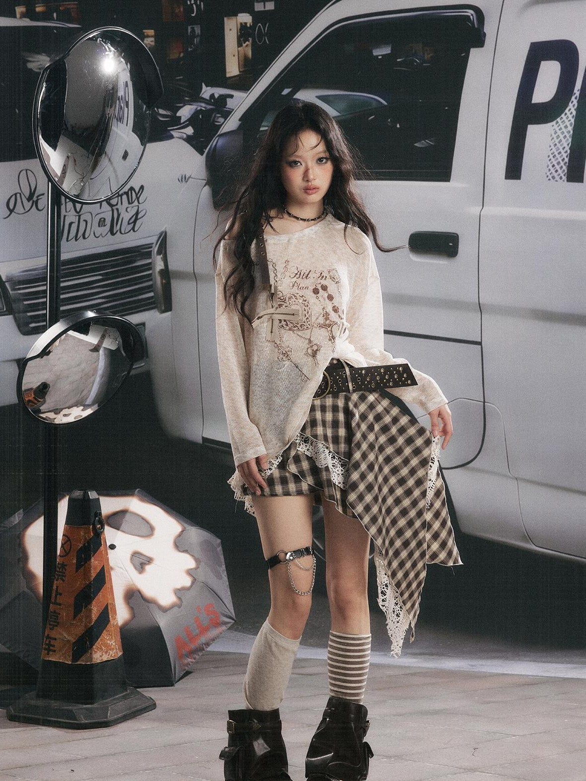 ALL iN plan Semi Sheer Asymmetric Shoulder Oversized Women&