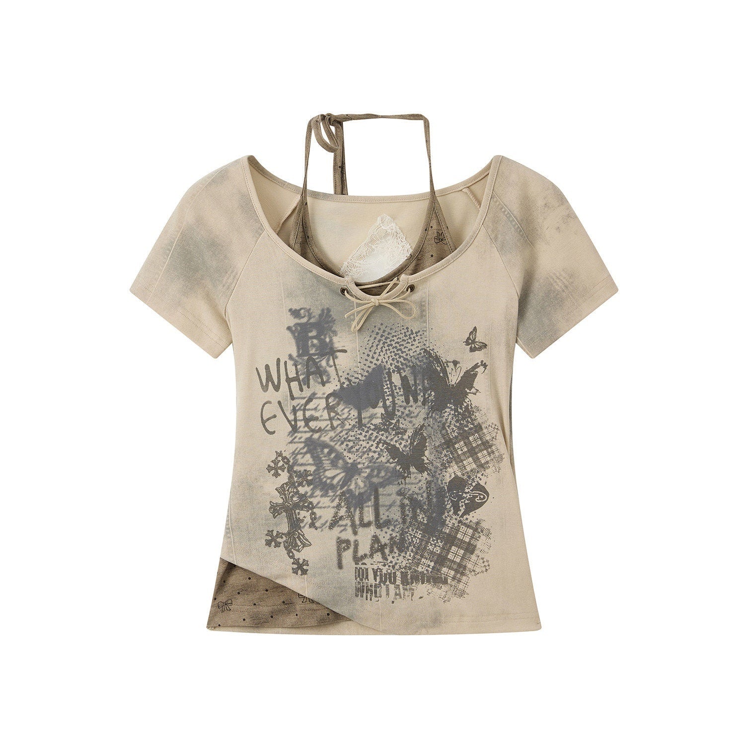 ALL iN plan Slim Fit Khaki Printed Cropped Casual Round Neck Women Short Sleeve T-Shirts