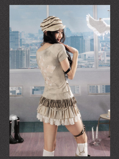ALL iN plan Slim Fit Khaki Printed Cropped Casual Round Neck Women Short Sleeve T-Shirts