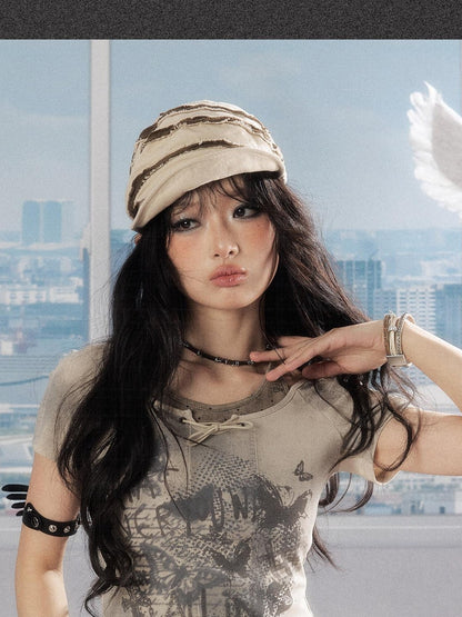 ALL iN plan Slim Fit Khaki Printed Cropped Casual Round Neck Women Short Sleeve T-Shirts