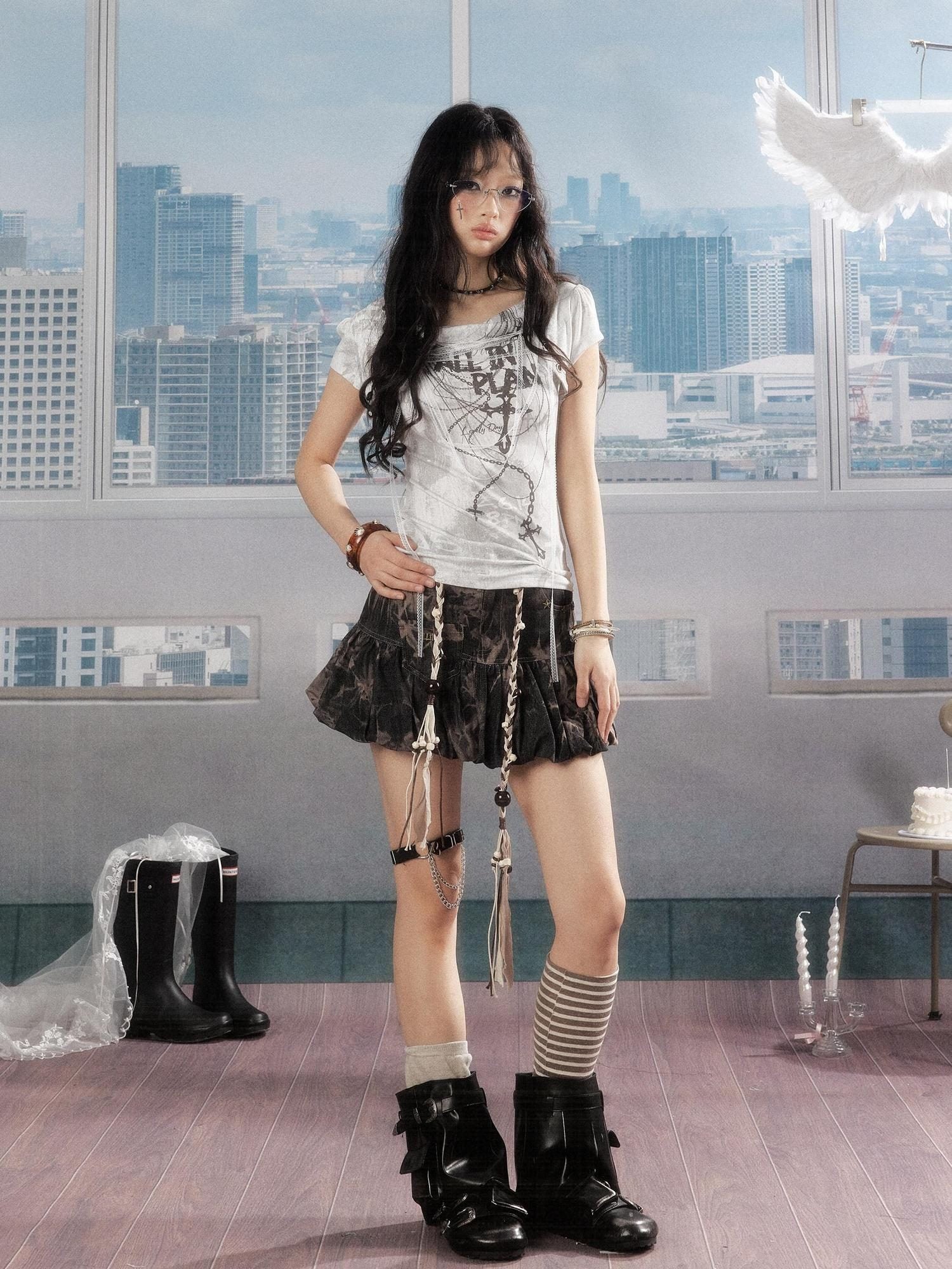 ALL iN plan Soft 100 Percent Cotton Slim Fit A Line Ruffle Mid Waist Black Women Skirt A字裙