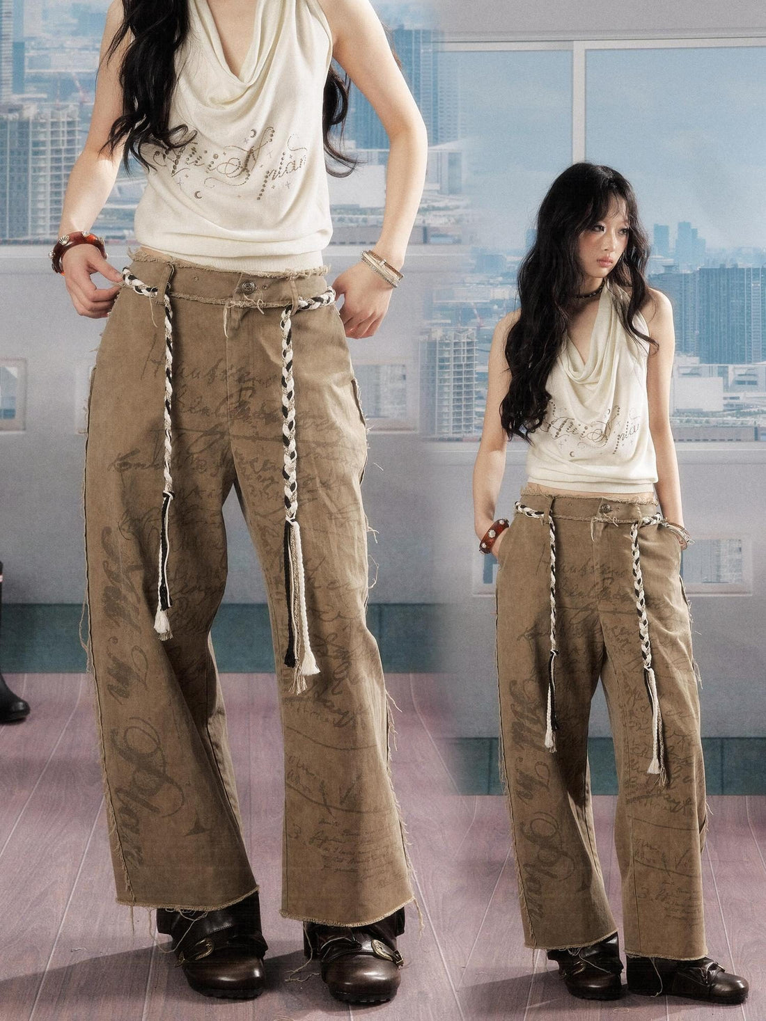 ALL iN plan Soft Breathable Cotton Casual Tassel Natural Waist Button Women Khaki Pants