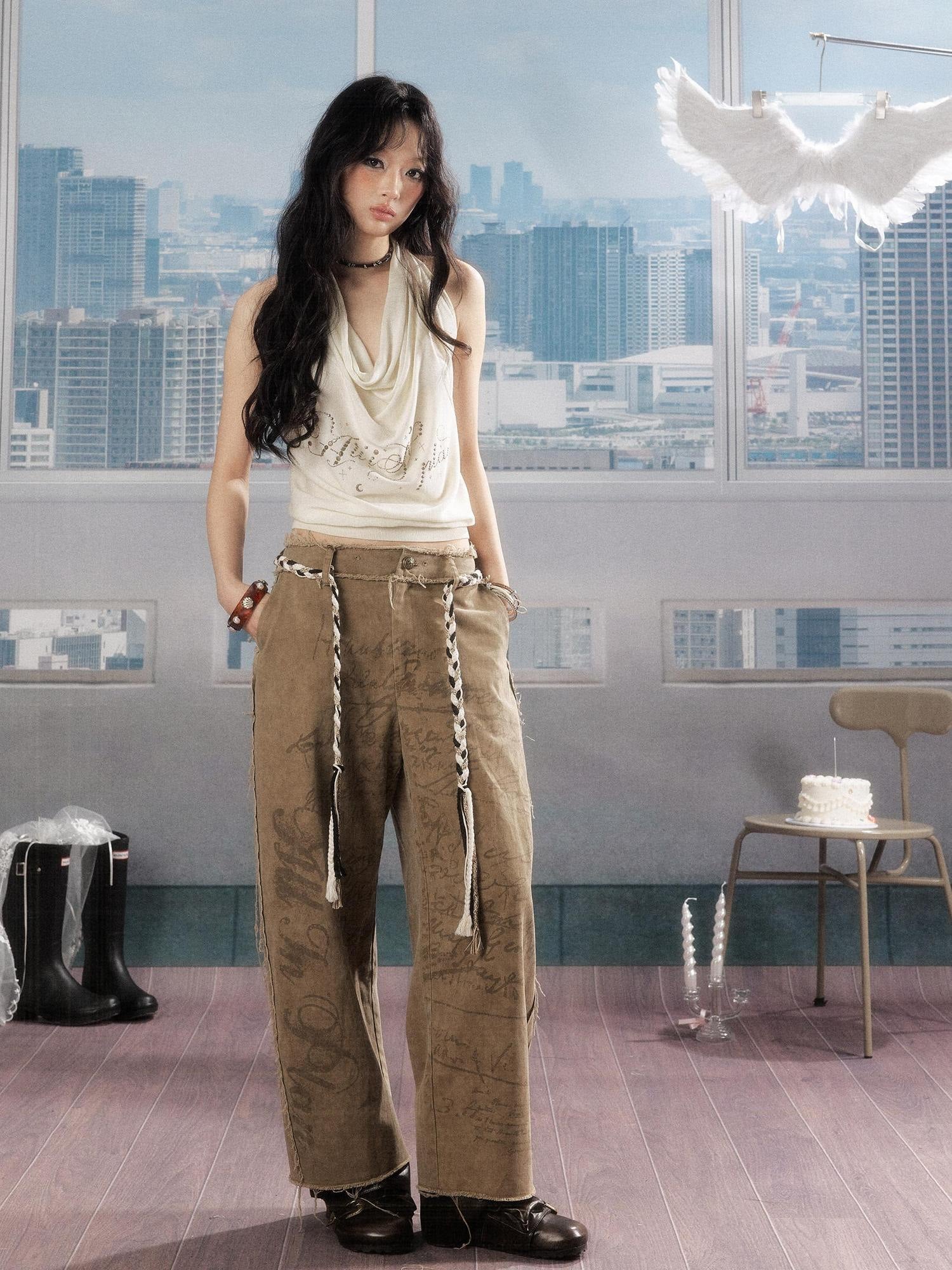 ALL iN plan Soft Breathable Cotton Casual Tassel Natural Waist Button Women Khaki Pants