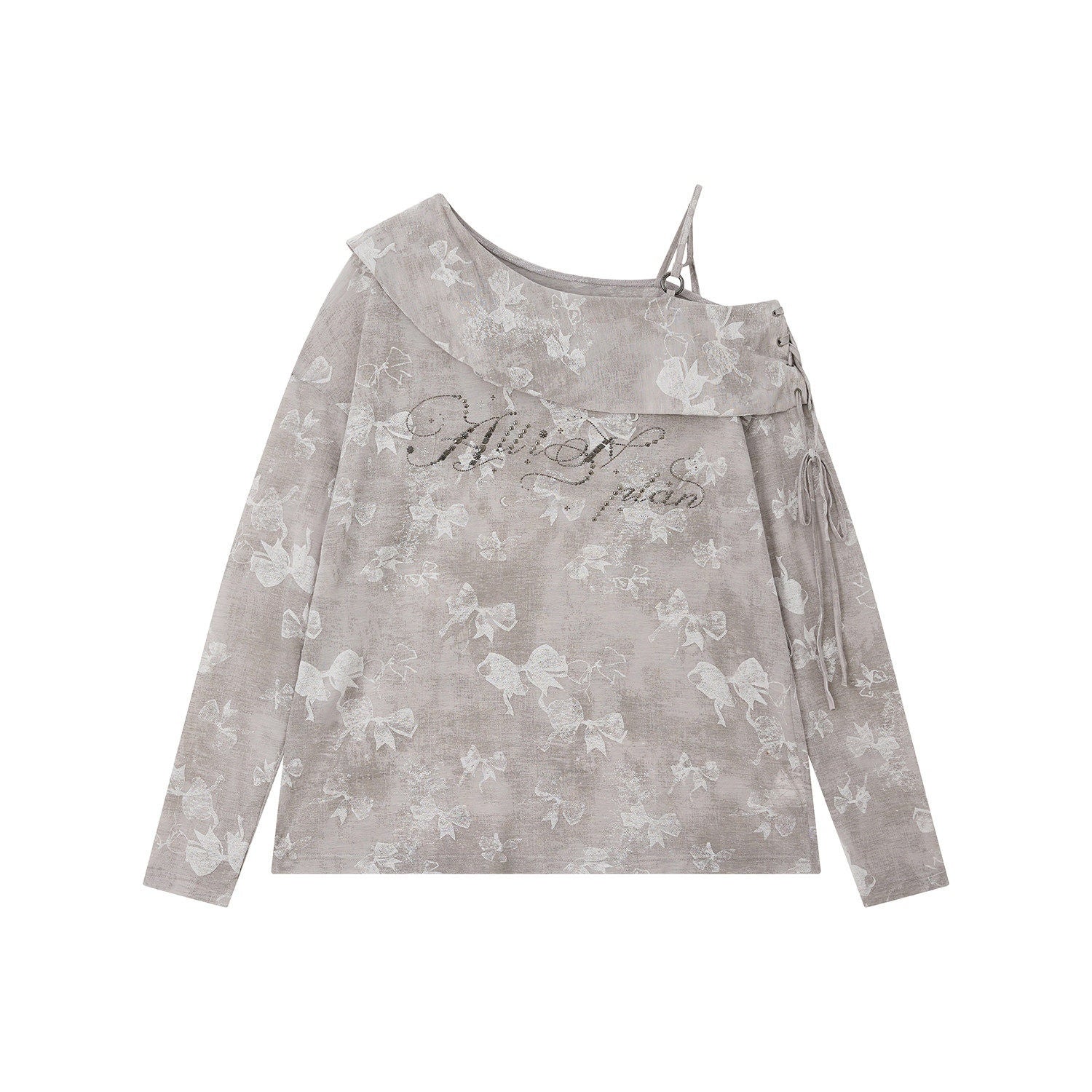 ALL iN plan Soft Cotton Blend Loose Drop Shoulder Women Bow Light Gray Long Sleeve T-Shirts