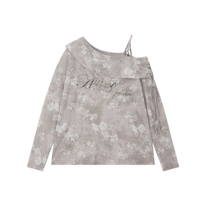 ALL iN plan Soft Cotton Blend Loose Drop Shoulder Women Bow Light Gray Long Sleeve T-Shirts