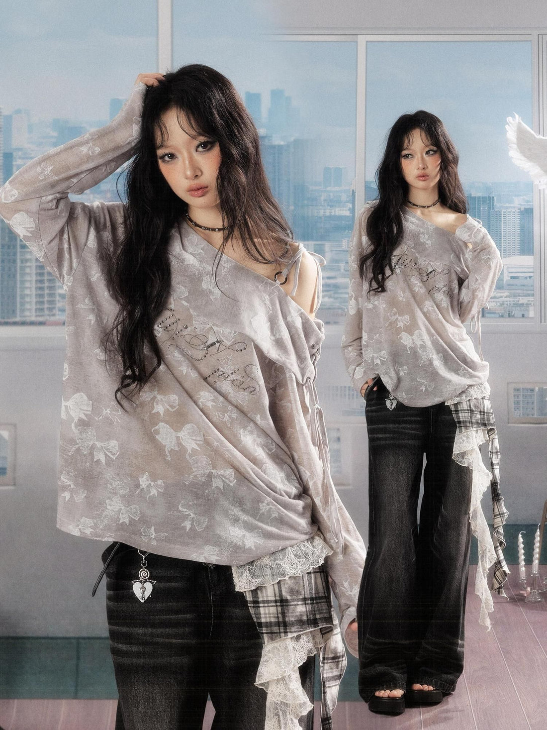 ALL iN plan Soft Cotton Blend Loose Drop Shoulder Women Bow Light Gray Long Sleeve T-Shirts