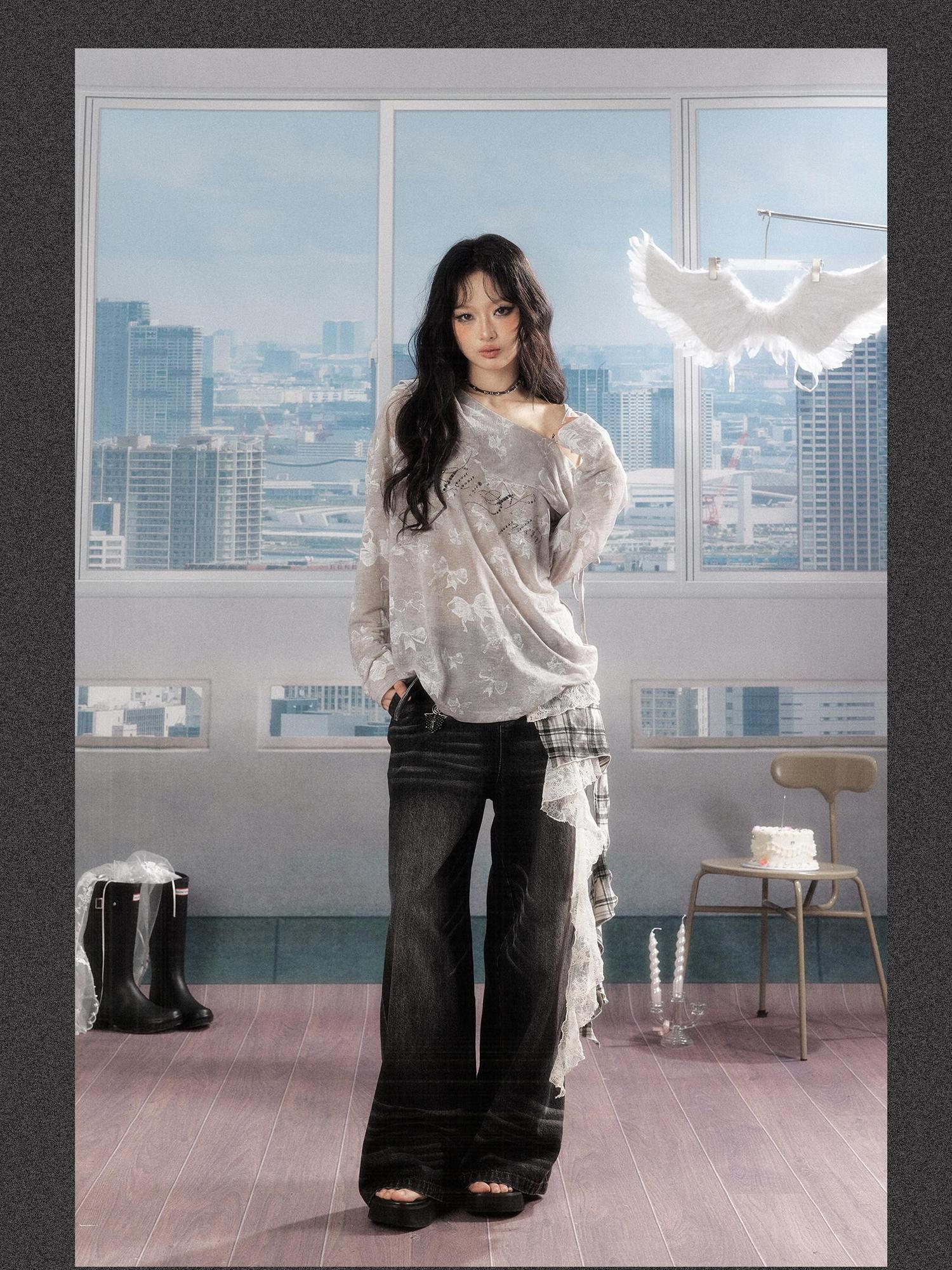 ALL iN plan Soft Cotton Blend Loose Drop Shoulder Women Bow Light Gray Long Sleeve T-Shirts