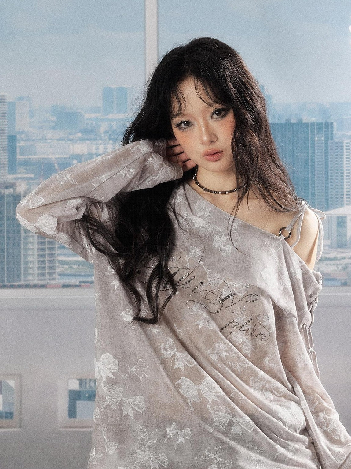 ALL iN plan Soft Cotton Blend Loose Drop Shoulder Women Bow Light Gray Long Sleeve T-Shirts