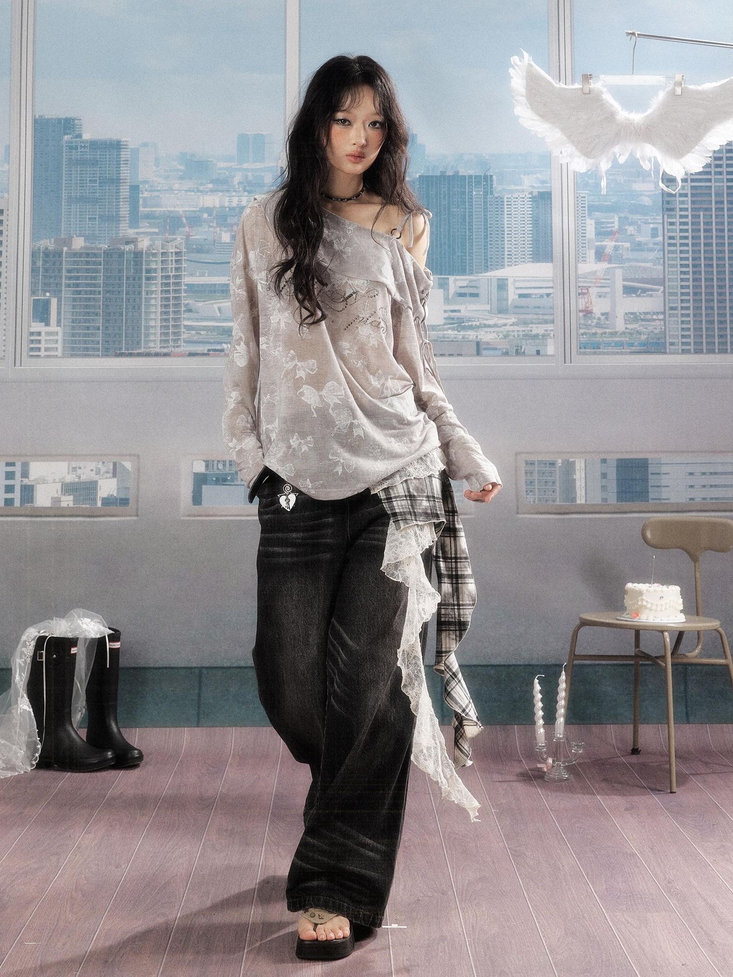 ALL iN plan Soft Cotton Blend Loose Drop Shoulder Women Bow Light Gray Long Sleeve T-Shirts
