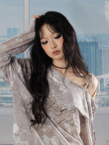 ALL iN plan Soft Cotton Blend Loose Drop Shoulder Women Bow Light Gray Long Sleeve T-Shirts