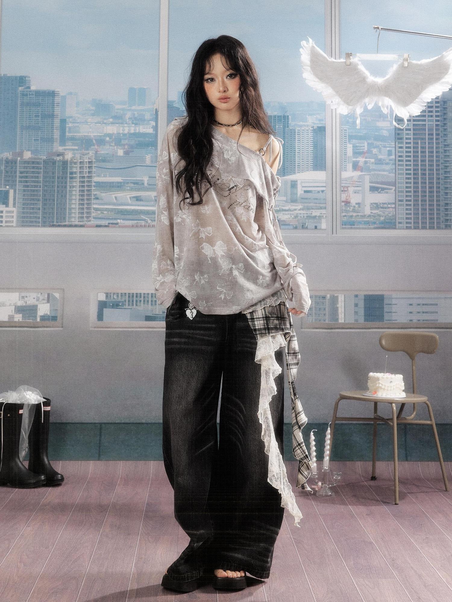 ALL iN plan Soft Cotton Blend Loose Drop Shoulder Women Bow Light Gray Long Sleeve T-Shirts