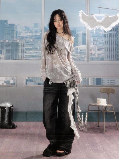 ALL iN plan Soft Cotton Blend Loose Drop Shoulder Women Bow Light Gray Long Sleeve T-Shirts