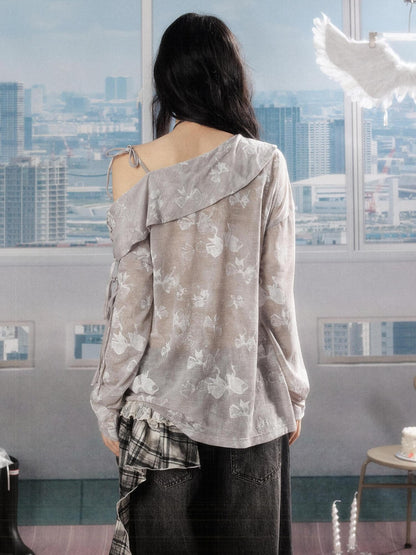 ALL iN plan Soft Cotton Blend Loose Drop Shoulder Women Bow Light Gray Long Sleeve T-Shirts