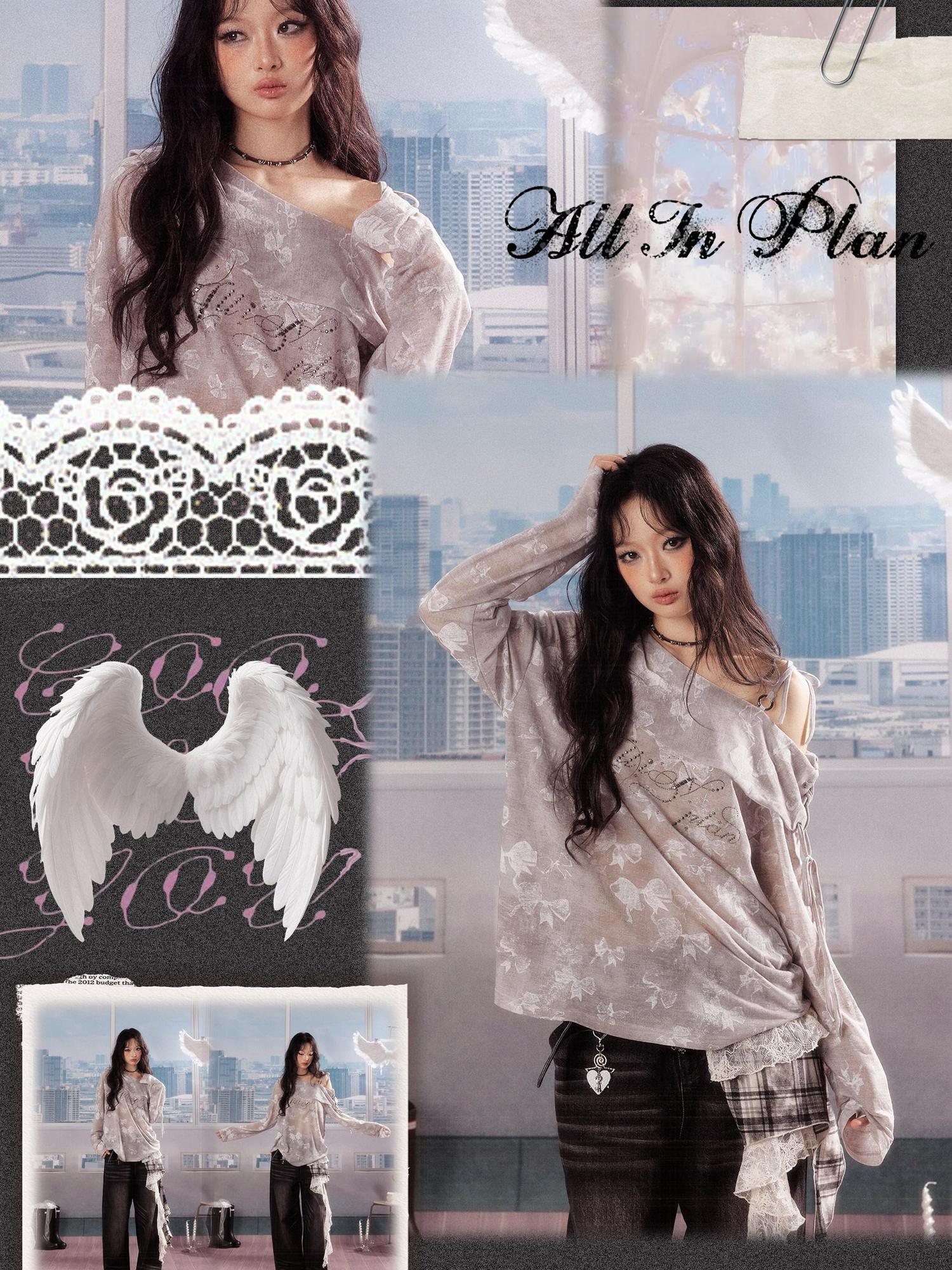 ALL iN plan Soft Cotton Blend Loose Drop Shoulder Women Bow Light Gray Long Sleeve T-Shirts