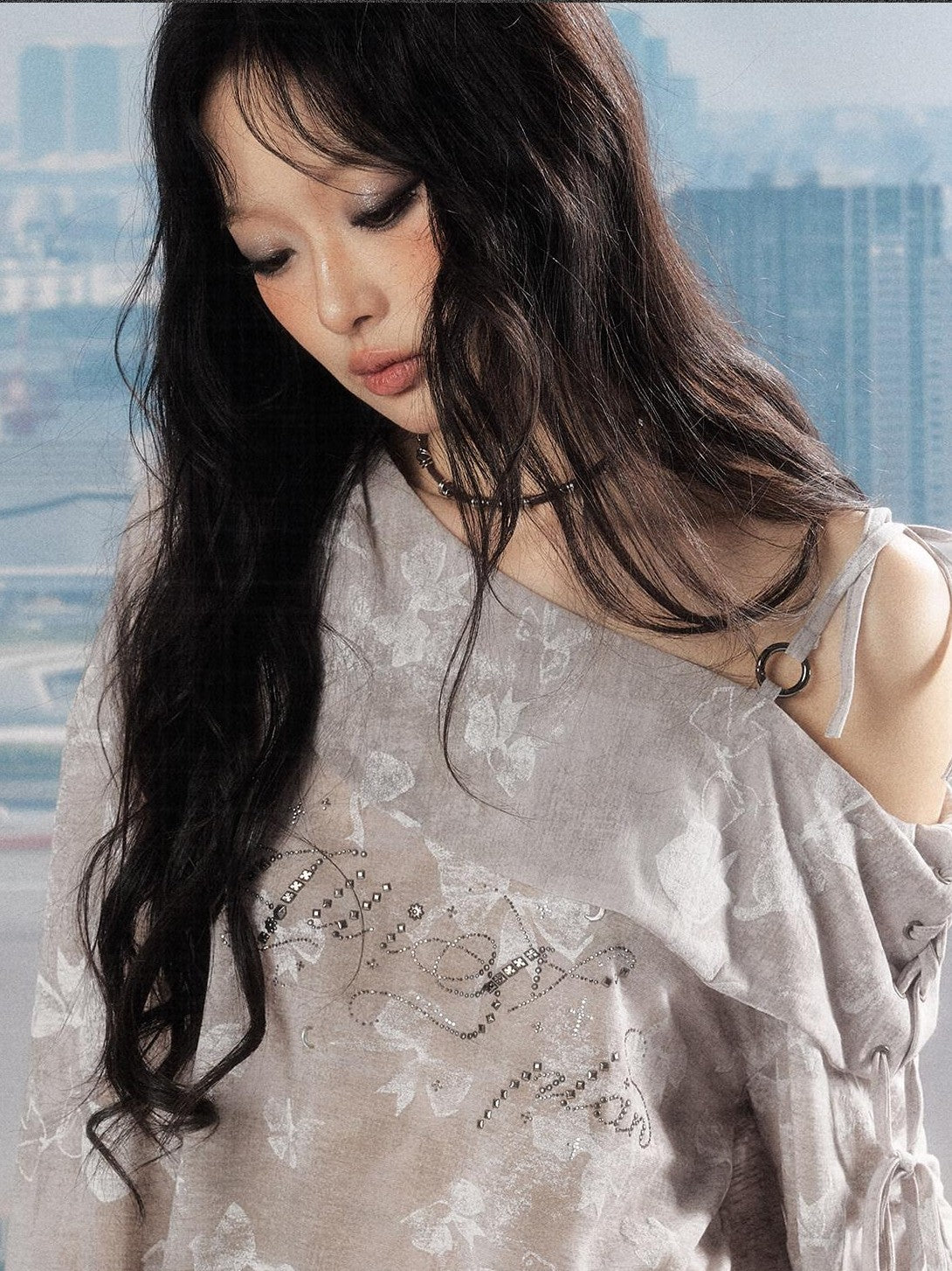 ALL iN plan Soft Cotton Blend Loose Drop Shoulder Women Bow Light Gray Long Sleeve T-Shirts