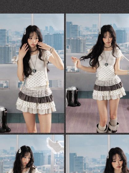 ALL iN plan Soft Cotton Blend Mid Waist Slim Fit Lettuce Hem Women Cream Tiered Skirts