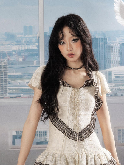 ALL iN plan Soft Cotton Plaid Slim Y Shape Wide Strap For Women Casual Mini Dresses