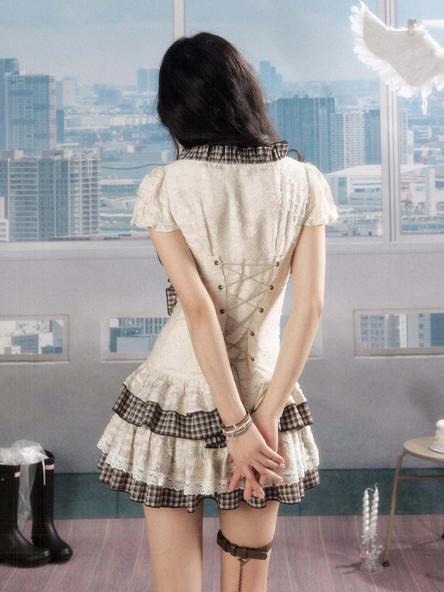 ALL iN plan Soft Cotton Plaid Slim Y Shape Wide Strap For Women Casual Mini Dresses