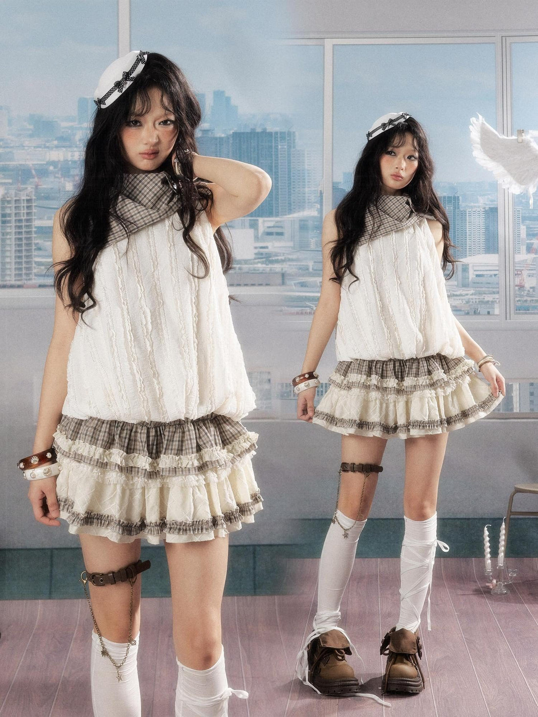 ALL iN plan Soft Cotton Poly Sweet High Neck Crop Plaid Ivory Short Sleeve T-Shirts