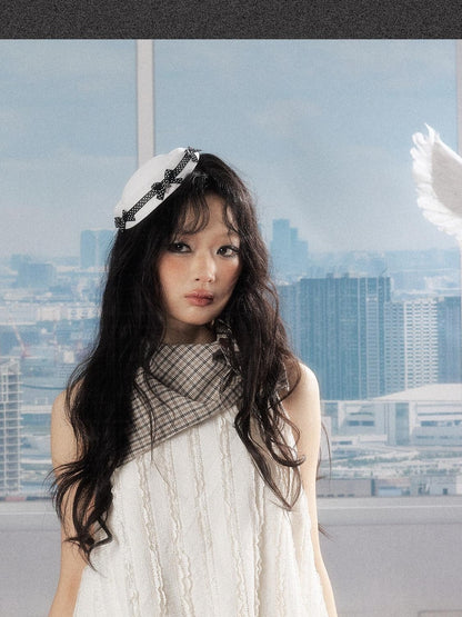 ALL iN plan Soft Cotton Poly Sweet High Neck Crop Plaid Ivory Short Sleeve T-Shirts