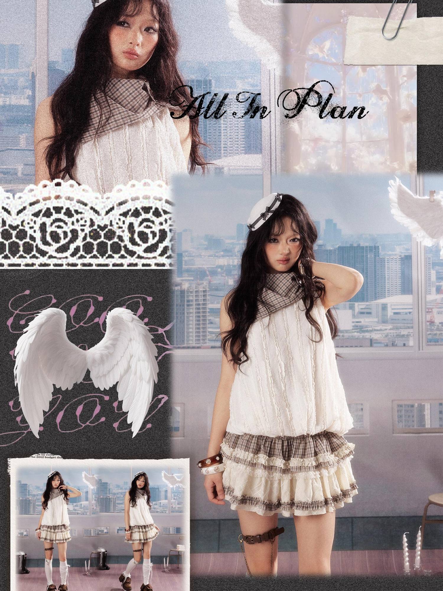 ALL iN plan Soft Cotton Poly Sweet High Neck Crop Plaid Ivory Short Sleeve T-Shirts