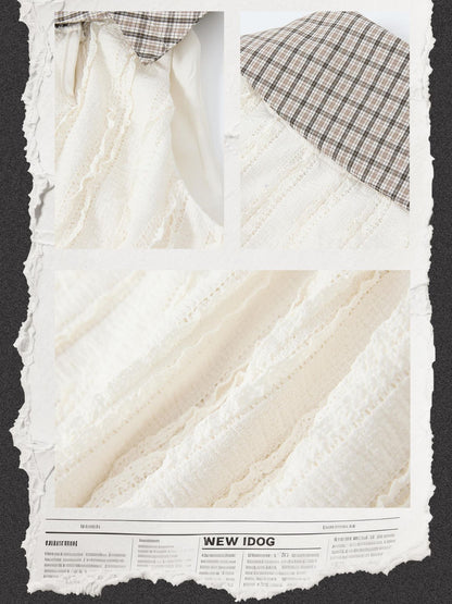 ALL iN plan Soft Cotton Poly Sweet High Neck Crop Plaid Ivory Short Sleeve T-Shirts