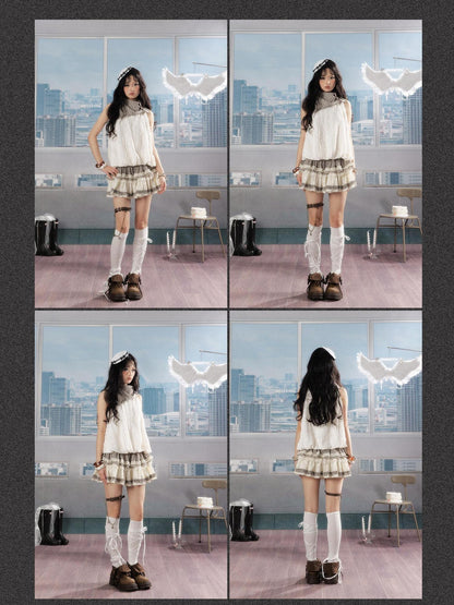 ALL iN plan Soft Cotton Poly Sweet High Neck Crop Plaid Ivory Short Sleeve T-Shirts