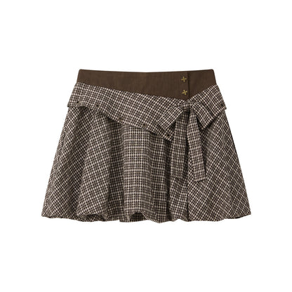 ALL iN plan Soft Modal Linen Blend Loose A Line Bow Double Waist Women Deep Brown Skirt