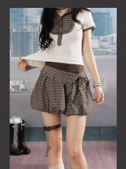 ALL iN plan Soft Modal Linen Blend Loose A Line Bow Double Waist Women Deep Brown Skirt