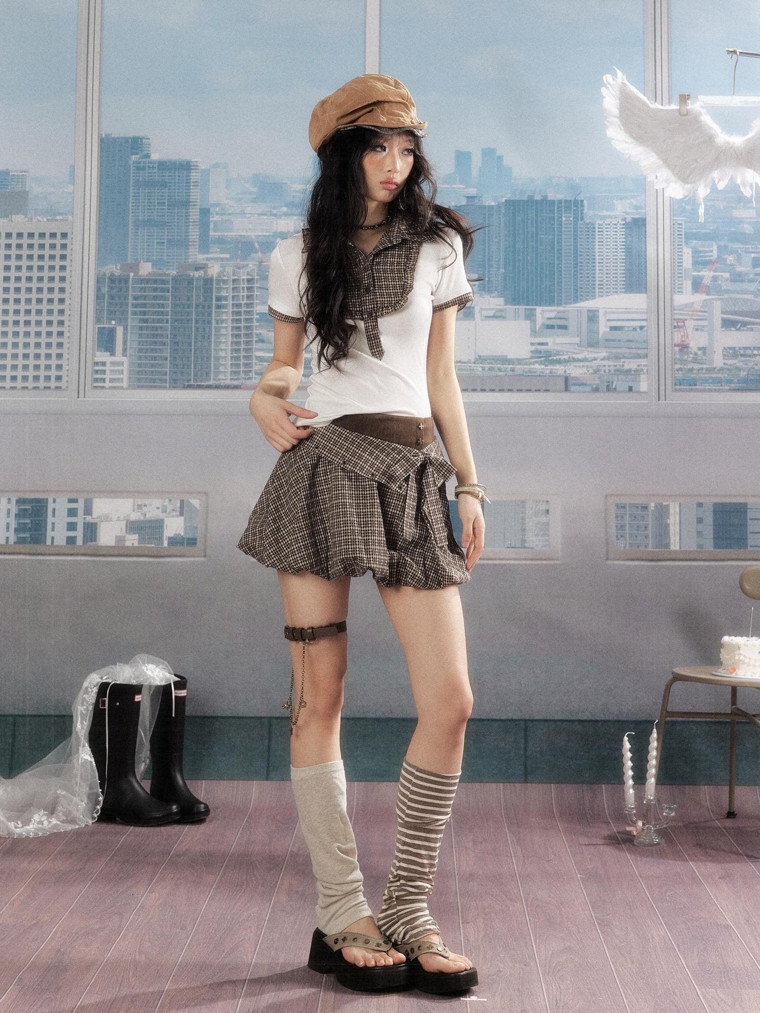 ALL iN plan Soft Modal Linen Blend Loose A Line Bow Double Waist Women Deep Brown Skirt
