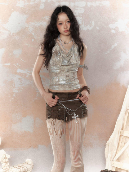 ALL iN plan Sparkle Tie Dye Halter Metal Ring Open Back Women&