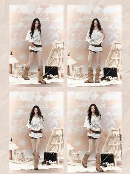 Steam Punk Fairy Tale Failed Print Top V Neck T Shirt Long Sleeve