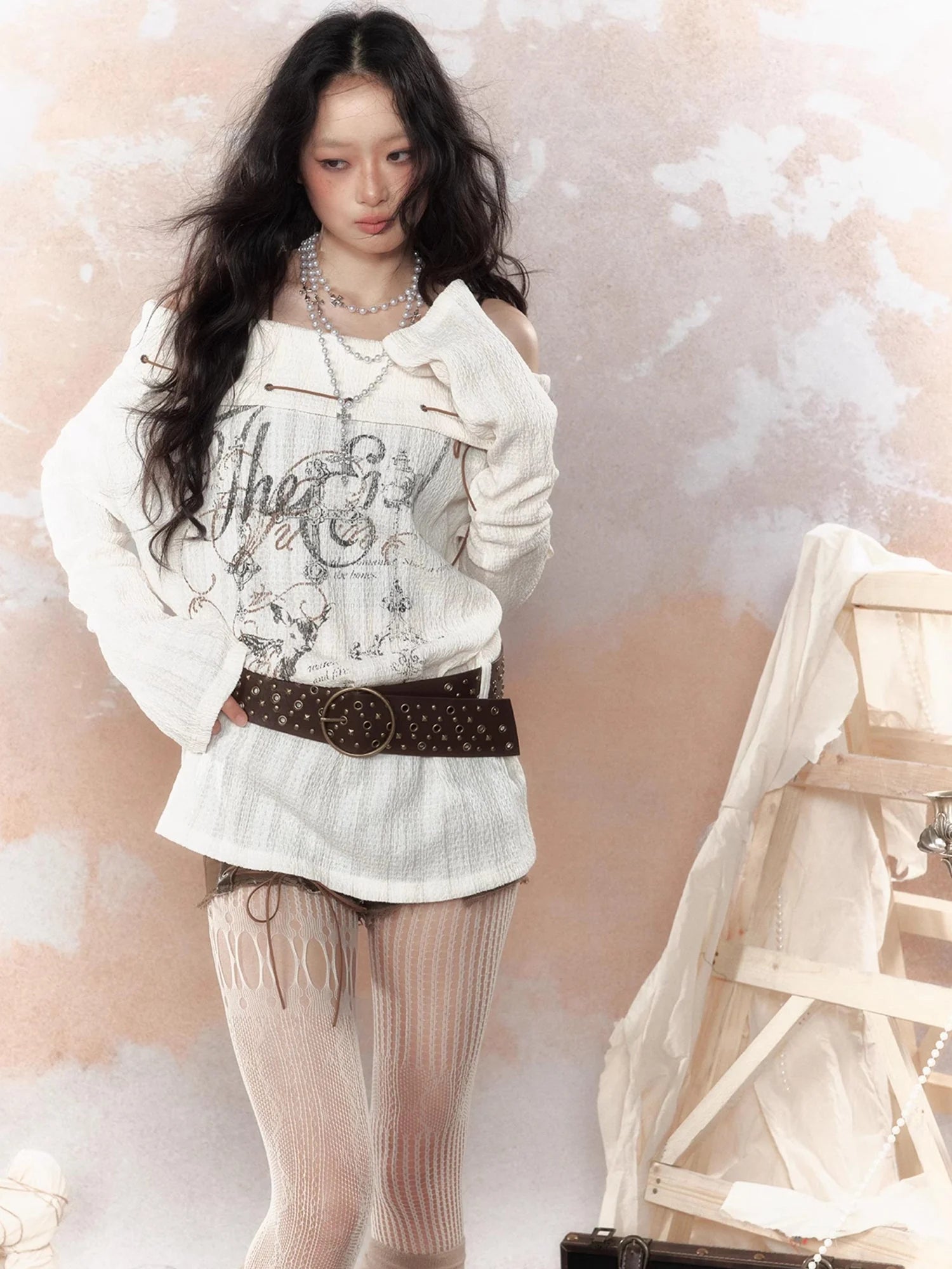 Steam Punk Fairy Tale Failed Print Top V Neck T Shirt Long Sleeve