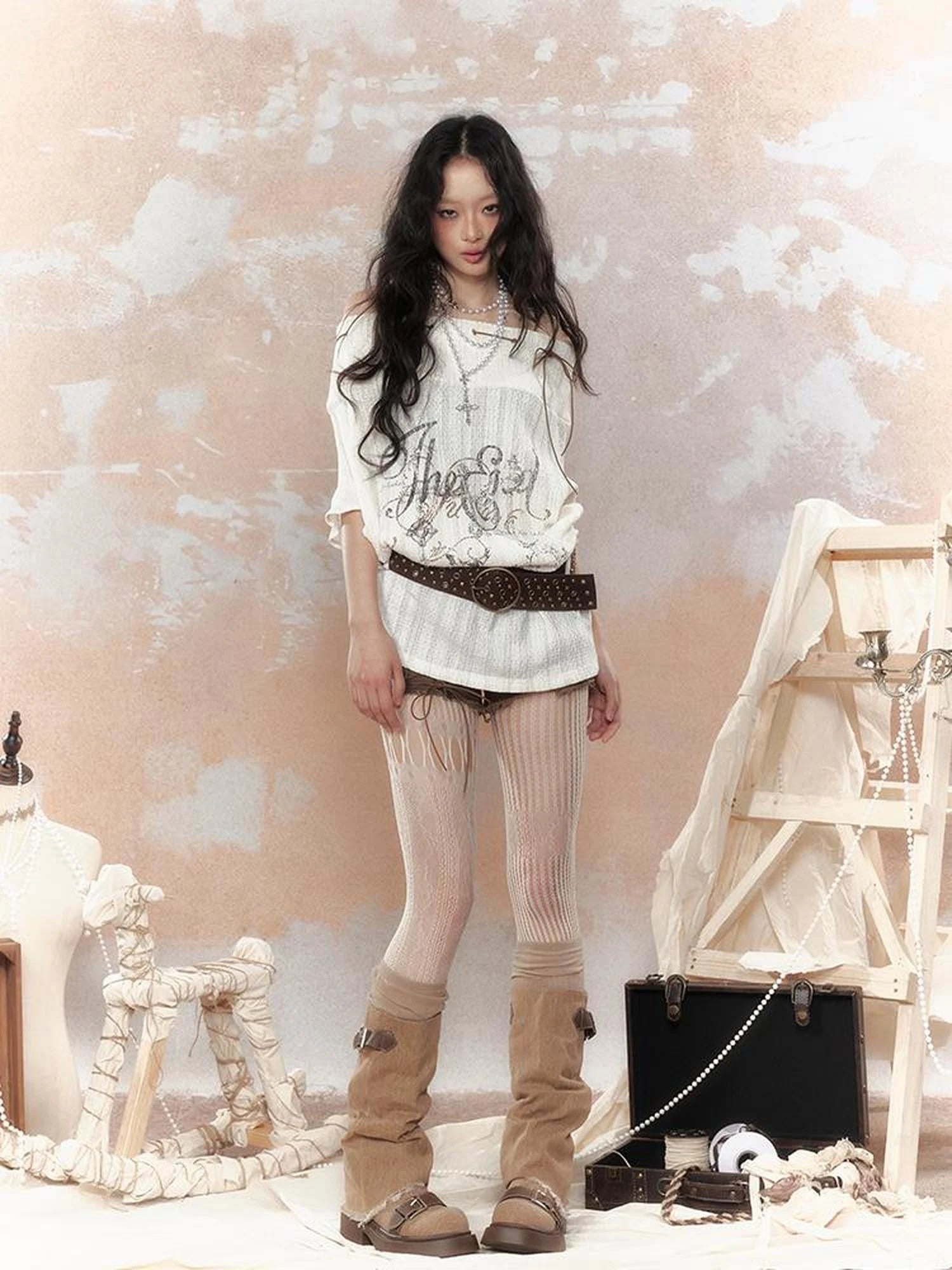 Steam Punk Fairy Tale Failed Print Top V Neck T Shirt Long Sleeve