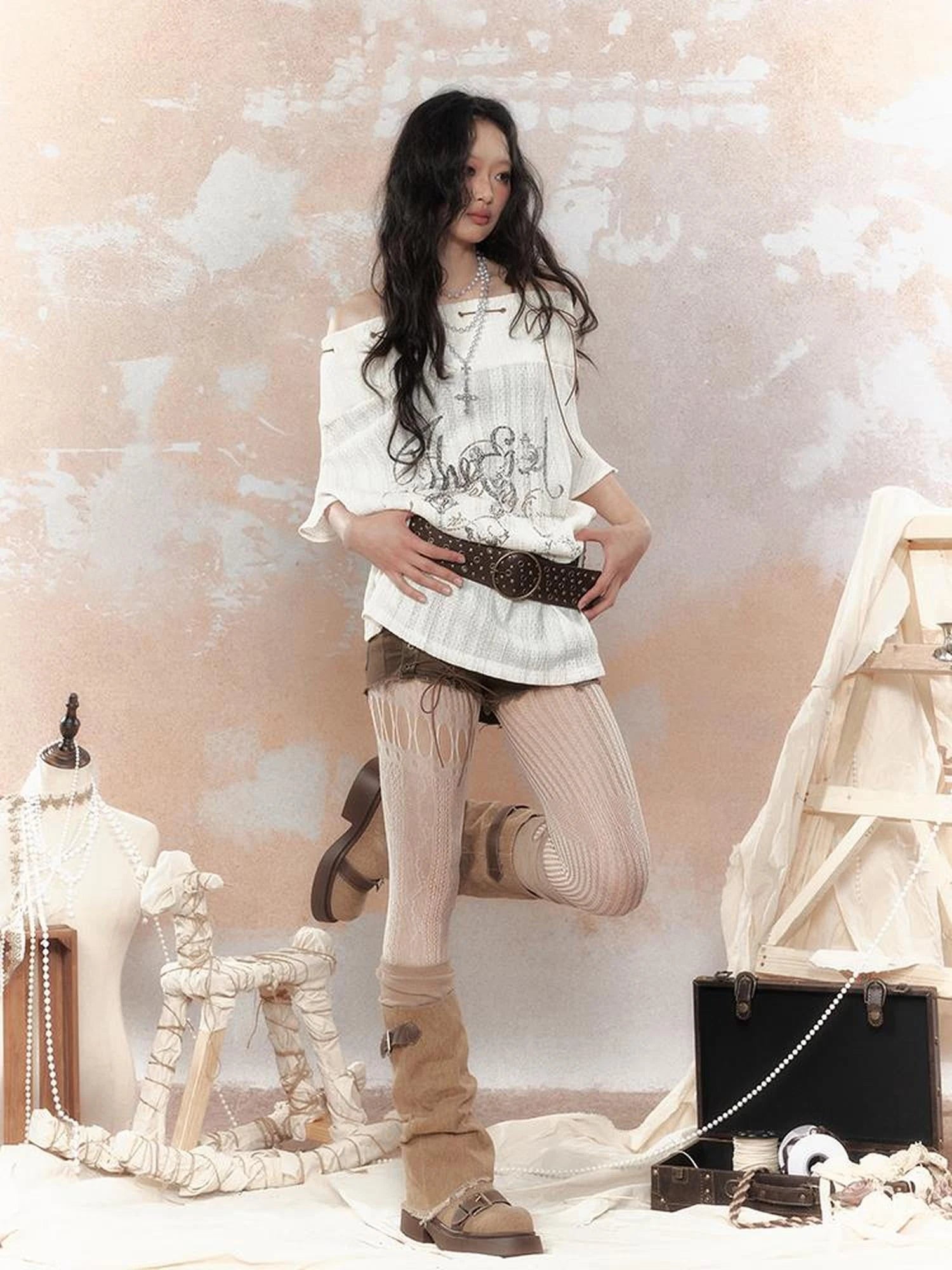 Steam Punk Fairy Tale Failed Print Top V Neck T Shirt Long Sleeve