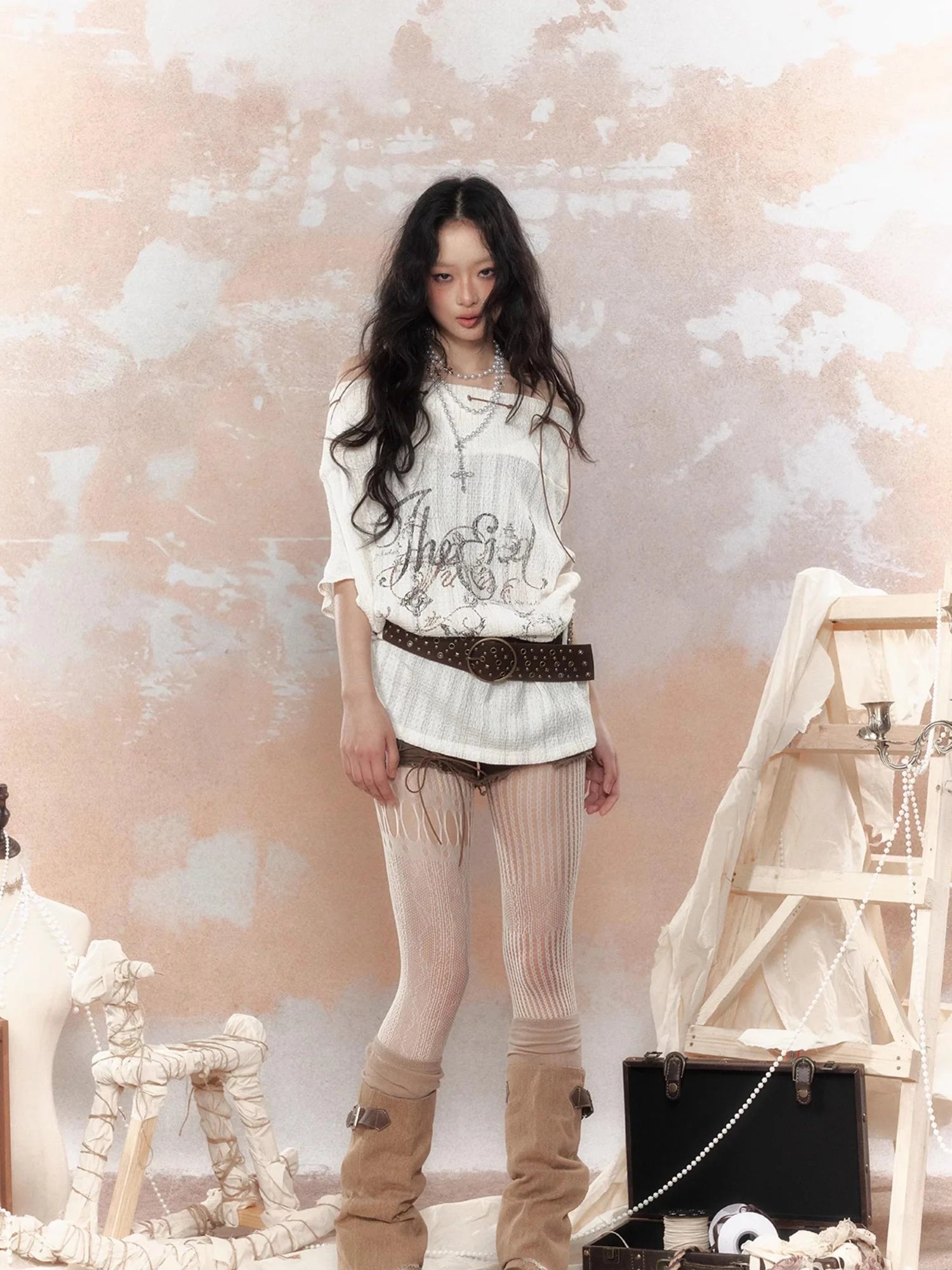 Steam Punk Fairy Tale Failed Print Top V Neck T Shirt Long Sleeve